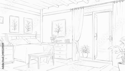 Sketch of a cozy bedroom interior, modern design concept
