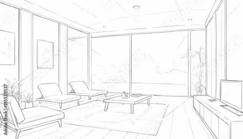 Sketch of a minimalist living room interior, modern design concept
