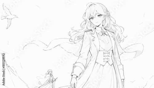 Vector sketch of a female character with flowing hair in a graceful pose