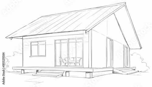 Sketch of a cozy wooden cabin with a porch in a serene outdoor setting
