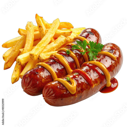 Two grilled sausages topped with mustard and ketchup served with french fries on a black background.