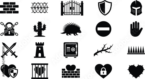 Set of defense and protection silhouette icons. Vector black shield, barbed wire, gate, cactus, and wall symbols for security concept.