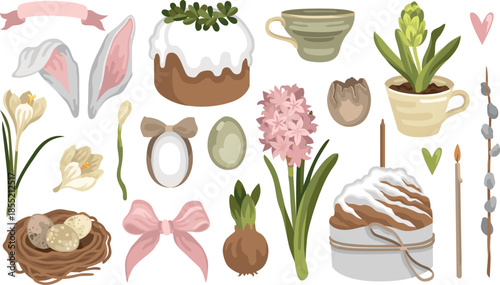 Hand-drawn spring Easter illustrations of Easter cakes and dyed eggs, pussy willow and crocus flower and bulb, hyacinth, bird nest