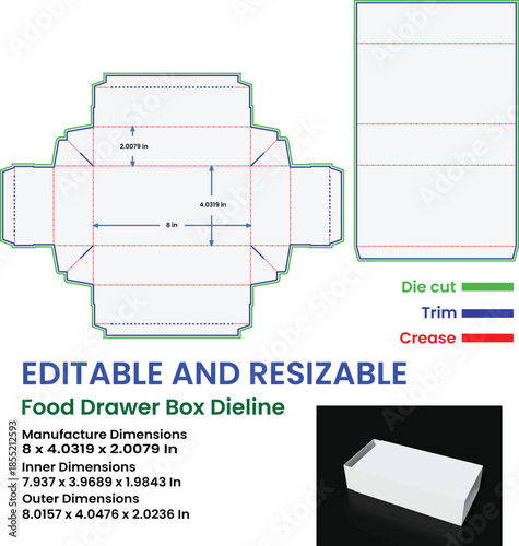 Food Drawer Box Dieline With Dimensions And 3D Mockup box template packaging design