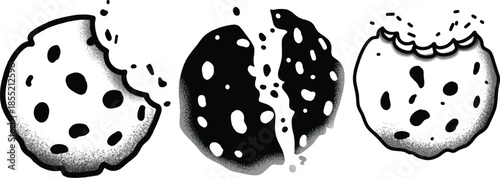Three stylized black and white illustrations of cookies with bites taken out, one with a dark center, set against a white background