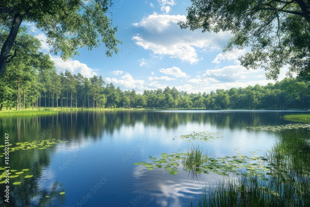 Fototapeta premium Peaceful lake surrounded by lush trees under a clear blue sky during midday