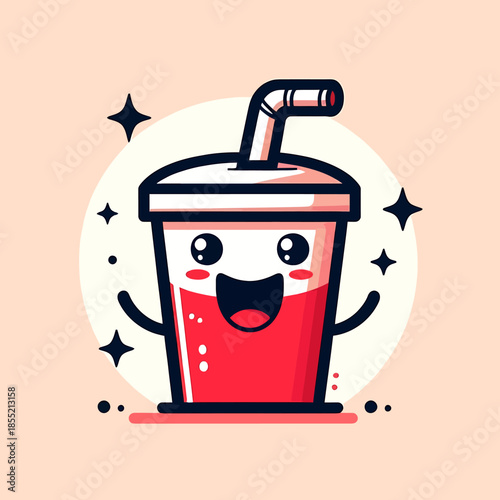 A cartoon drink with a straw and a smile on a peach background surrounded by stars