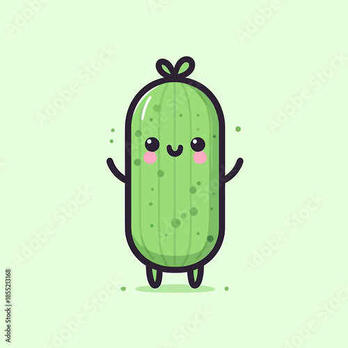 A cartoon pickle character standing on a light green background with a cute expression