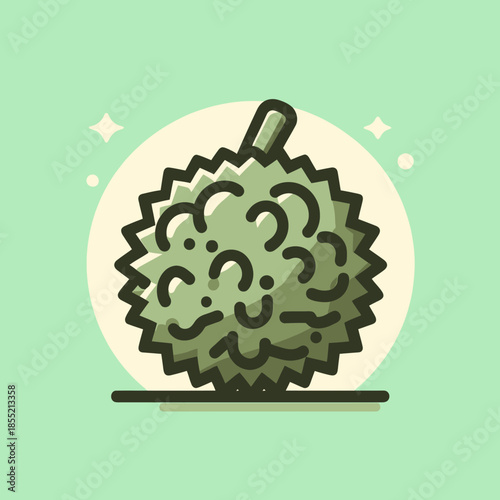 A stylized illustration of a durian fruit on a simple green background with decorative elements