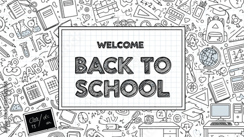 Welcome Back to School with Educational Icons and Supplies on Graph Paper Background