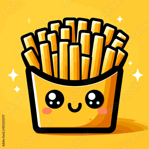 Cartoon fries in a container with a smiley face on a yellow background with sparkles