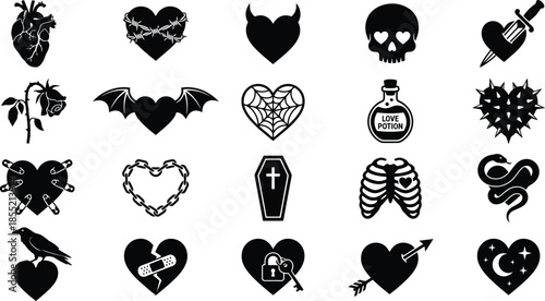 Set of gothic and edgy heart silhouettes. Vector black love symbols with spikes, horns, barbed wire, and knife for punk tattoo style.