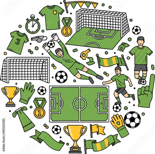 Soccer Football Elements and Objects in a Circular Pattern Green and Yellow