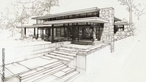 Architectural sketch of a modern prairie house with large windows and flat roofs.