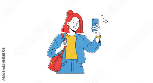 Stylish young woman with red hair and denim jacket taking selfie with blue smartphone isolated on white background.