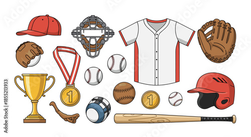 Collection of various baseball equipment icons including a bat, balls, gloves, helmets, jersey, trophy, and medals isolated on white background.