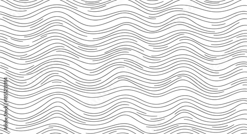Seamless pattern of hand drawn thin black wavy lines on white background creates an elegant minimalist texture for fabric and paper design.