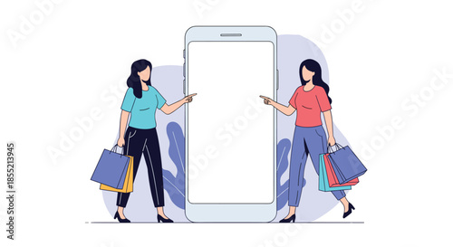 Two women carrying shopping bags and pointing at a large blank smartphone screen with an abstract blue background.