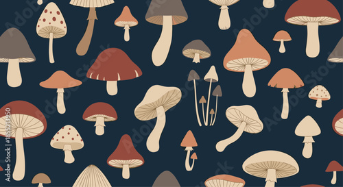 Earthy toned mushroom seamless pattern with various fungi species on a dark blue background suitable for nature themed designs and fabrics.