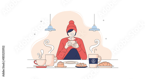 Young person wearing a red beanie and sweater drinking hot coffee or tea in a cozy cafe with pastries and warm lighting.