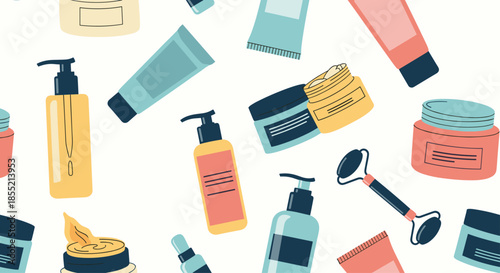 Seamless pattern of various beauty and skincare products like creams, lotions, pumps, and a face roller in soft colors.