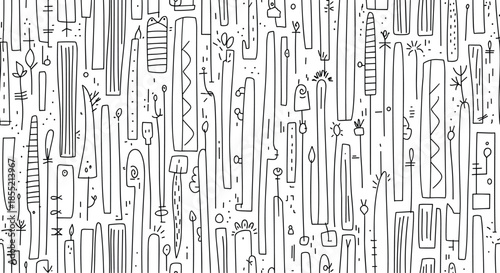 Complex hand drawn abstract pattern featuring elongated shapes, lines, and various symbolic elements in black and white.