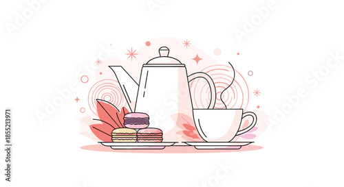 Stylish teapot and cup of tea with colorful macarons on plates against a pink abstract background with stars and swirls.