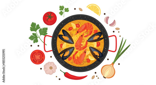 Traditional spanish seafood paella in a pan surrounded by ingredients like shrimp, mussels, tomatoes, garlic, and onions.