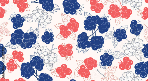 Beautiful seamless pattern of hand drawn blue and red berries with delicate leaves and branches on a creamy background.
