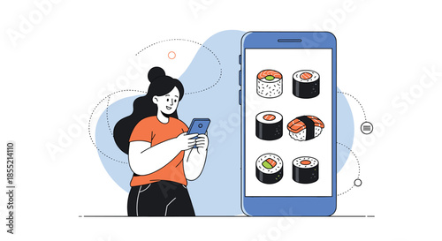 Illustration of a woman using a smartphone to browse or order sushi from a large mobile screen displaying various rolls.