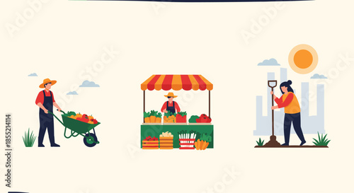 Three separate scenes illustrating agricultural activities including a farmer with a wheelbarrow, a vegetable stand, and gardening.