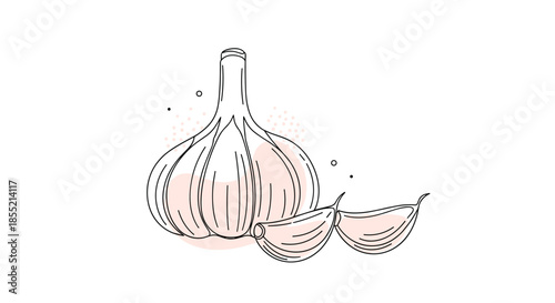 Minimalist illustration of a garlic bulb and cloves featuring soft pink color splashes and delicate dotted accents.