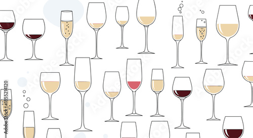 Elegant pattern featuring a variety of wine and champagne glasses filled with red, white, and sparkling beverages on a white background.