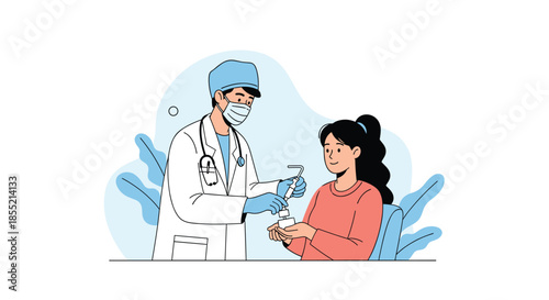 Medical illustration showing a doctor in a face mask and protective gloves administering a vaccination or injection to a woman.