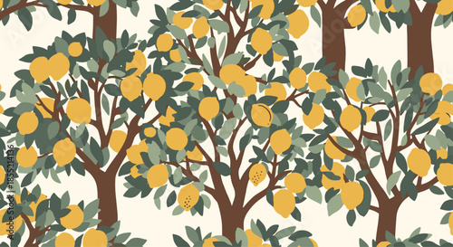 Charming seamless pattern showing a grove of lemon trees with bright yellow fruits and dark green foliage on a cream background.