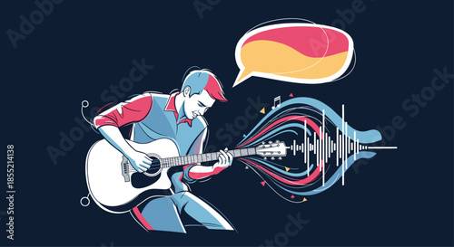 Talented musician playing acoustic guitar surrounded by abstract sound waves and colorful speech bubbles on dark background.