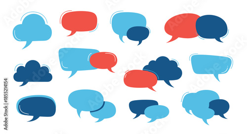 Large collection of colorful speech bubbles in different shapes and sizes for digital communication and social media design projects.