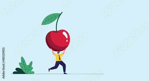 Hardworking tiny businessman character carrying giant ripe red cherry on his back over light blue background in conceptual style.