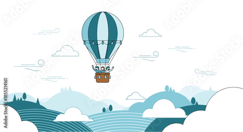 Three people waving from a blue and white striped hot air balloon as it floats over a scenic landscape of rolling hills.