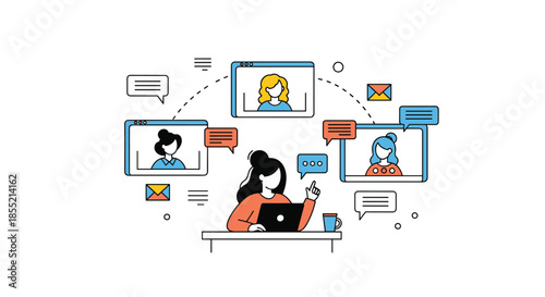 Professional young woman working on laptop while participating in remote video conference call with her diverse team members.