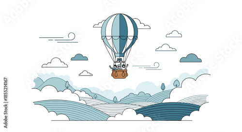 Group of happy people enjoying scenic flight in hot air balloon over green rolling hills and countryside farmland landscape.