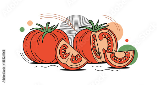 Fresh organic tomatoes including whole vegetables and slices decorated with abstract elements in retro illustration style.