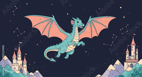 Friendly green dragon flying through starry night sky over snowy mountain peaks and illuminated fantasy fairy tale castles.