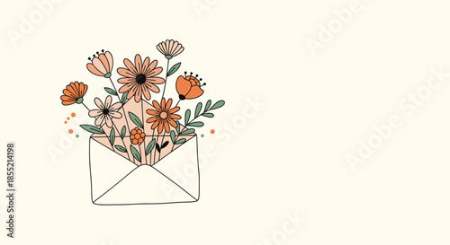 Beautiful bouquet of hand drawn wild flowers emerging from paper envelope as symbol of spring and romantic love letters theme.