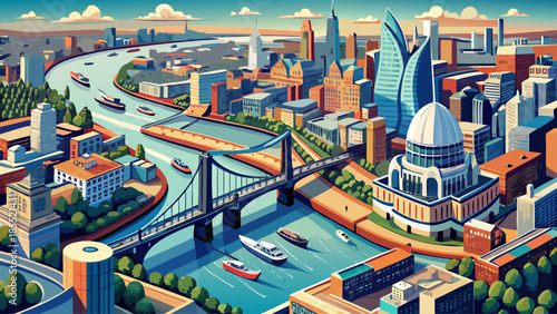 Very beautiful aerial view of London with the River Thames winding through the city, revealing dense urban patterns, bridges, and a balanced contrast between architecture and waterways.