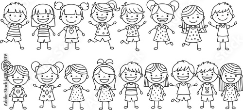 Black and white cartoon children in various poses and outfits smiling happily together