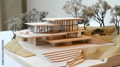 Architectural model of a modern multi-level prairie house with trees.