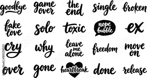 Set of anti-valentine and breakup typography. Vector black handwritten words including fake love, toxic, game over, and goodbye for t-shirt design.