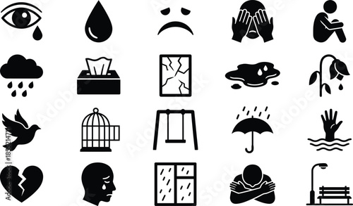 Collection of grief and sorrow symbols. Vector black silhouette icons depicting loneliness, crying, anxiety, and emotional pain for psychology design.