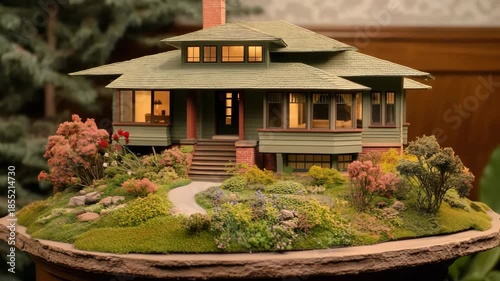 Miniature model of a craftsman-style prairie house with detailed landscaping.